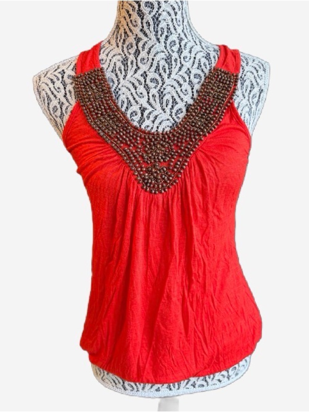 Soprano Red Beaded Bib Neck Tank Top Small Made in USA Boho